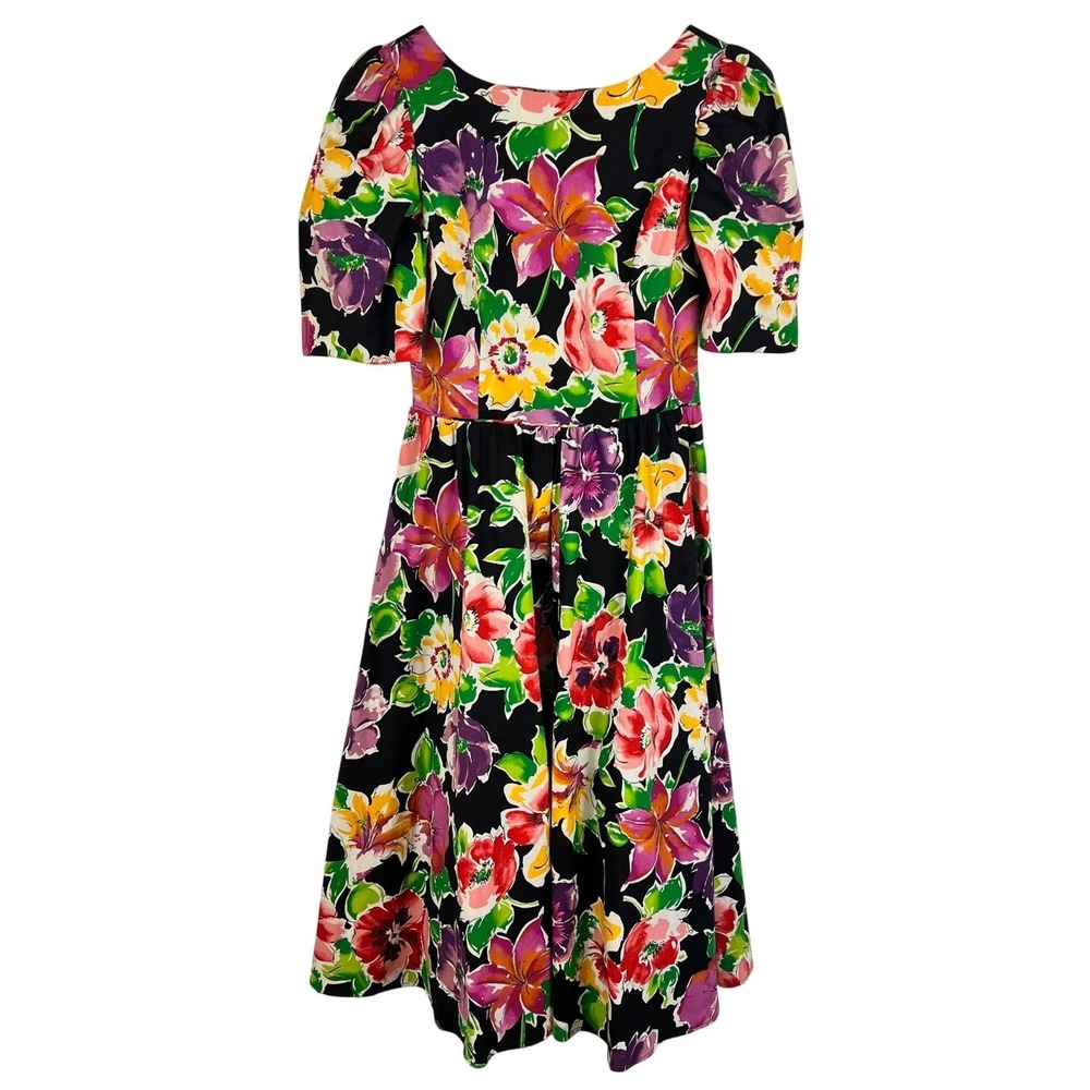 Vintage Mexican Floral Midi Dress Medium Black Pink Yellow Crinoline Cut Outs